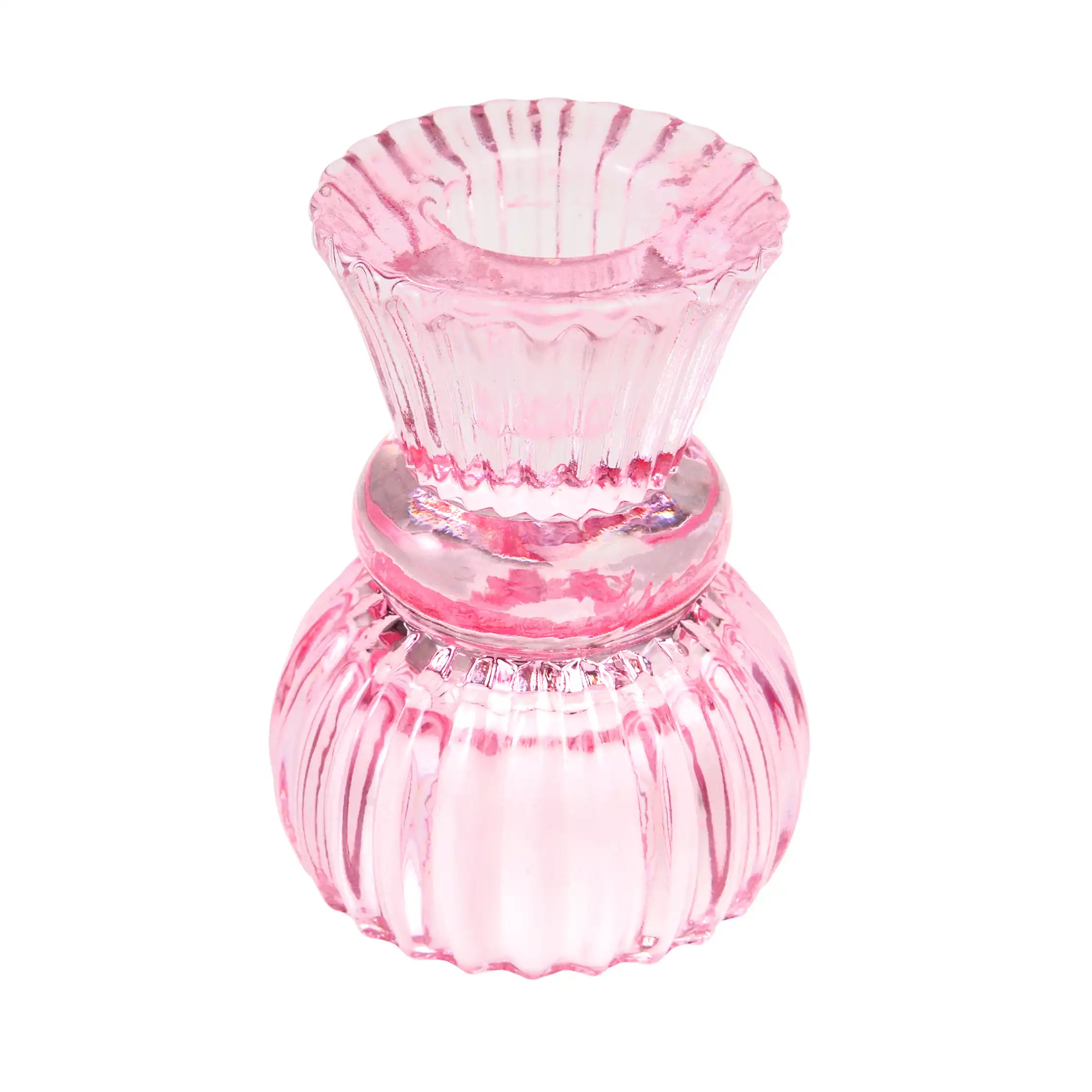 doppelseitiger kerzenständer aus pinkfarbenem glas