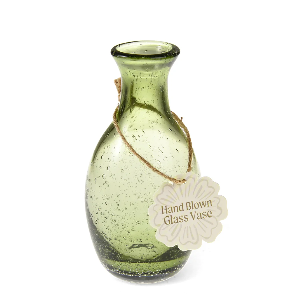 mundgeblasene kugelförmige vase aus glas (14cm) - olivgrün