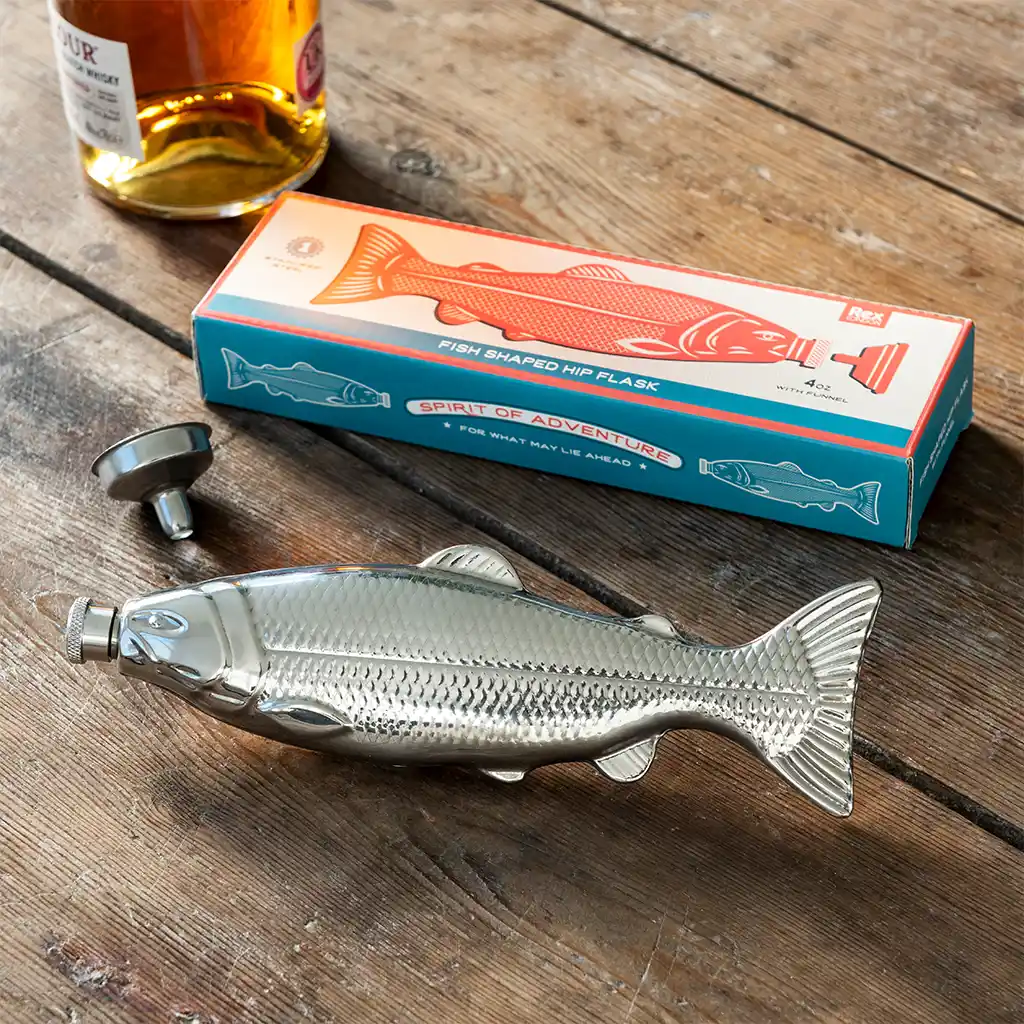 fish-shaped stainless steel hip flask - spirit of adventure