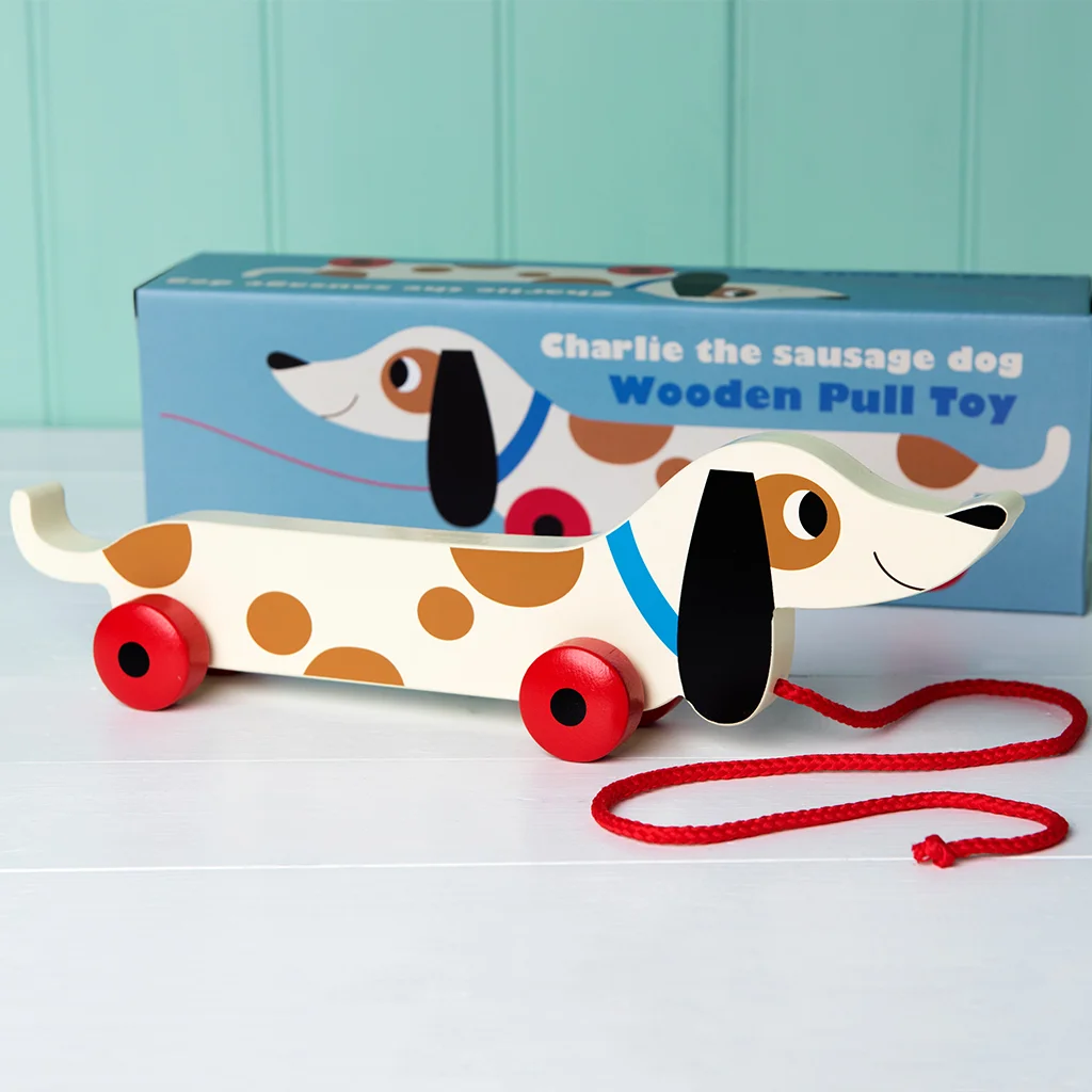 juguete de arrastre de madera - charlie the sausage dog