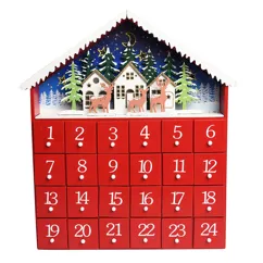 calendario de adviento de madera con iluminación led - casa roja
