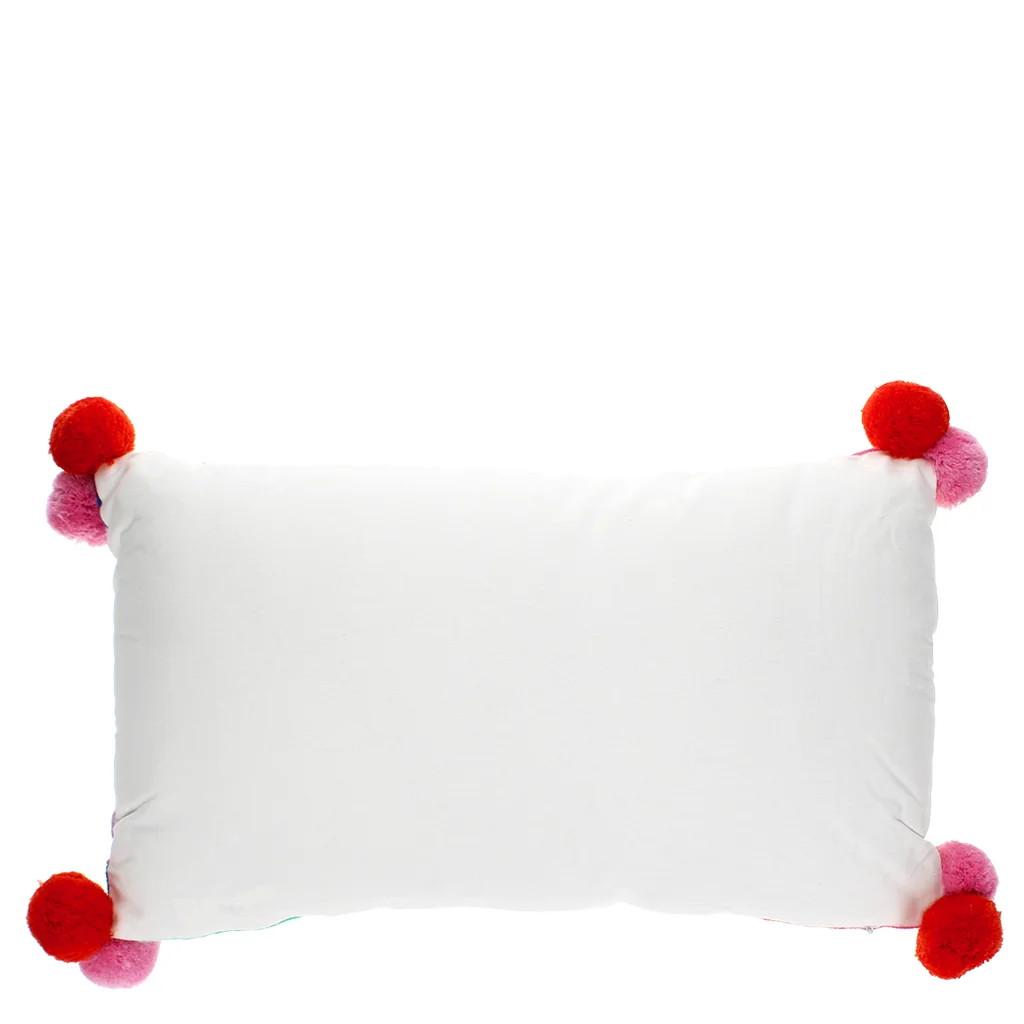 embroidered cushion with pom poms - rainbow