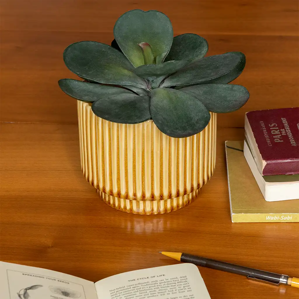 ridged plant pot - mustard