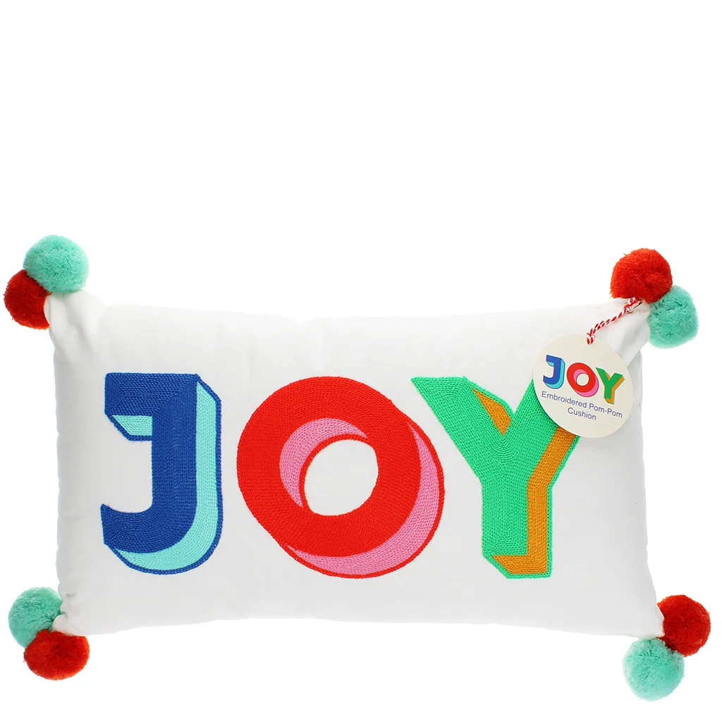 embroidered cushion with pom poms - joy