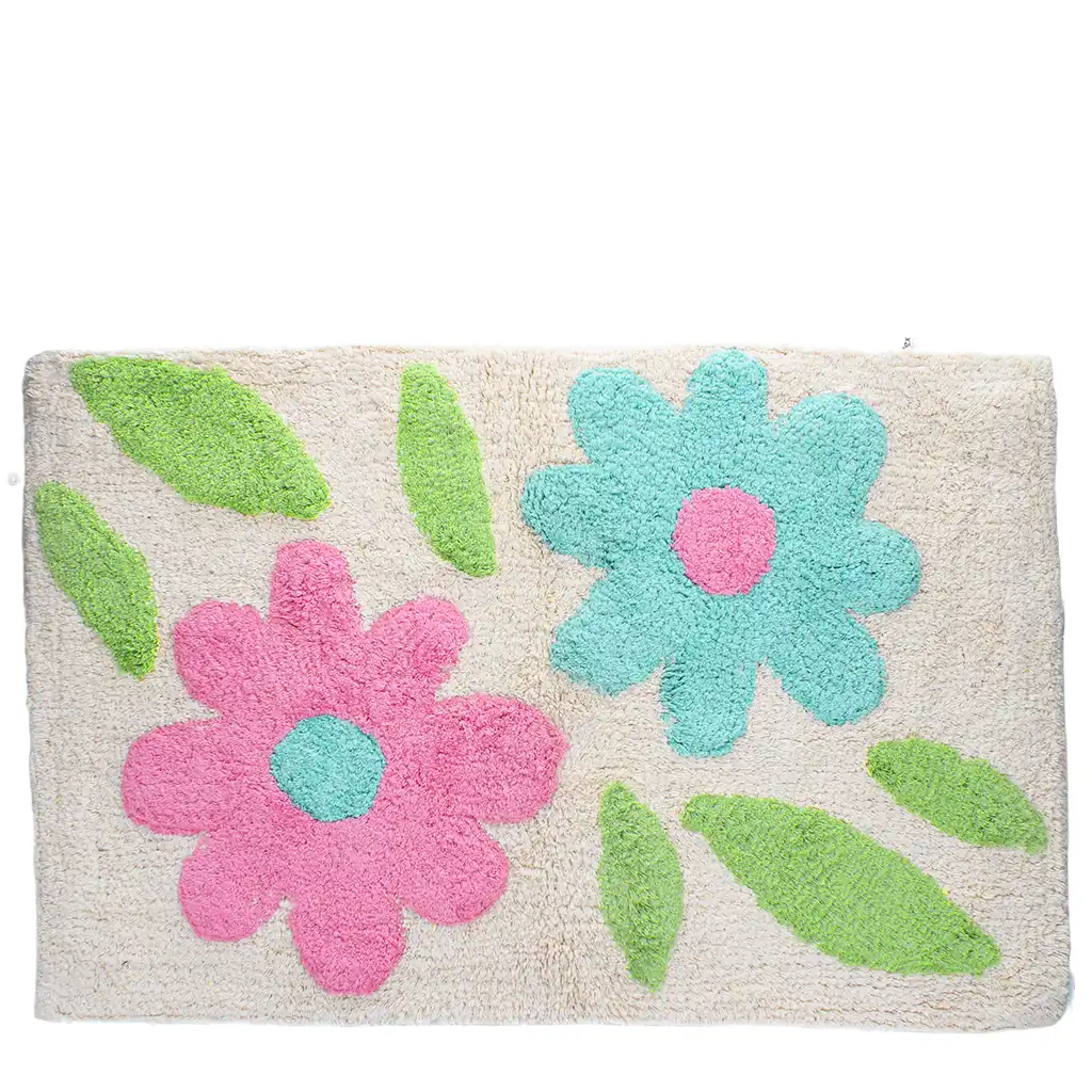 alfombra de baño de algodón de nudo - flores verdes y rosas