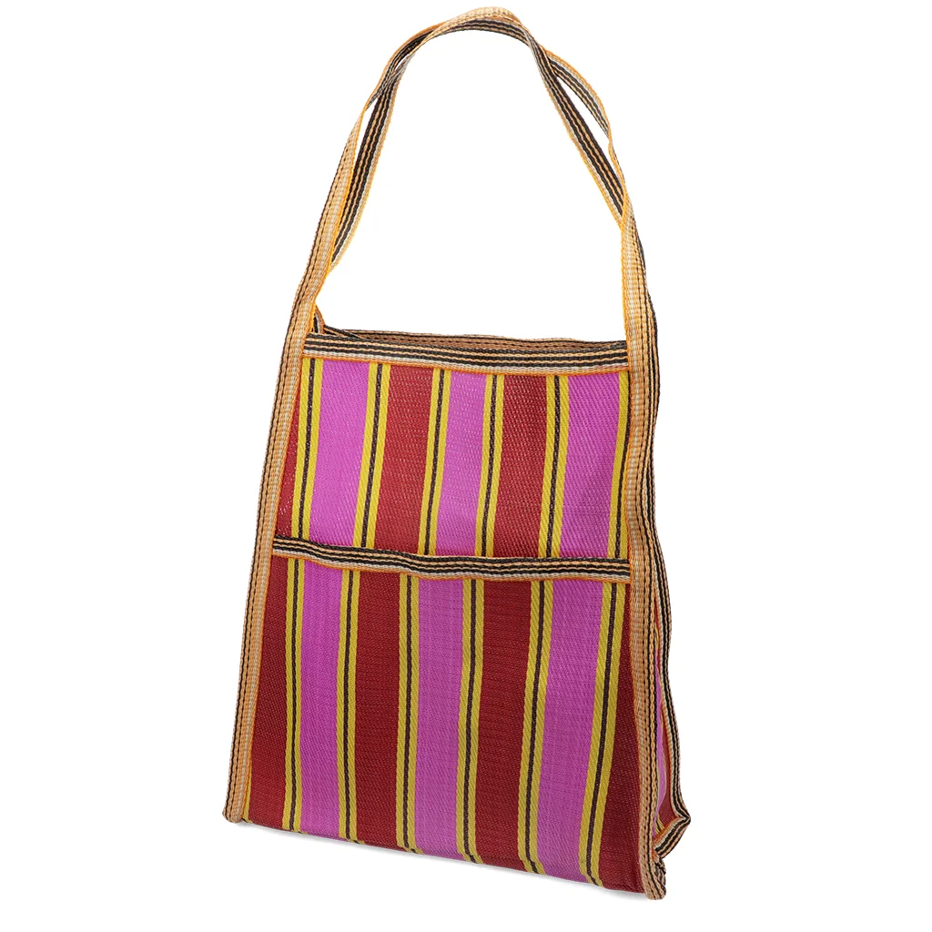 recycled woven bag with side pocket - yellow, pink, red