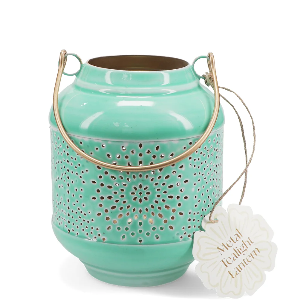 enamel tealight lantern - aqua