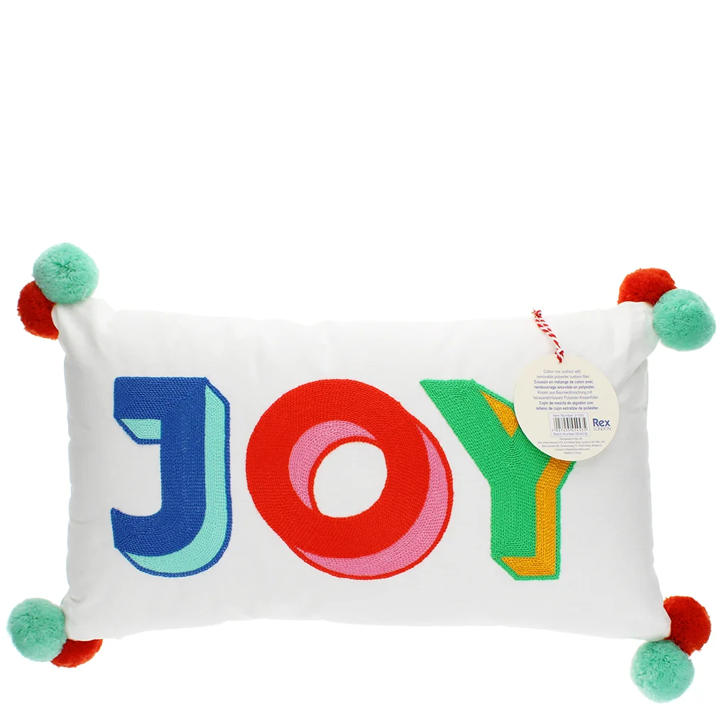 embroidered cushion with pom poms - joy