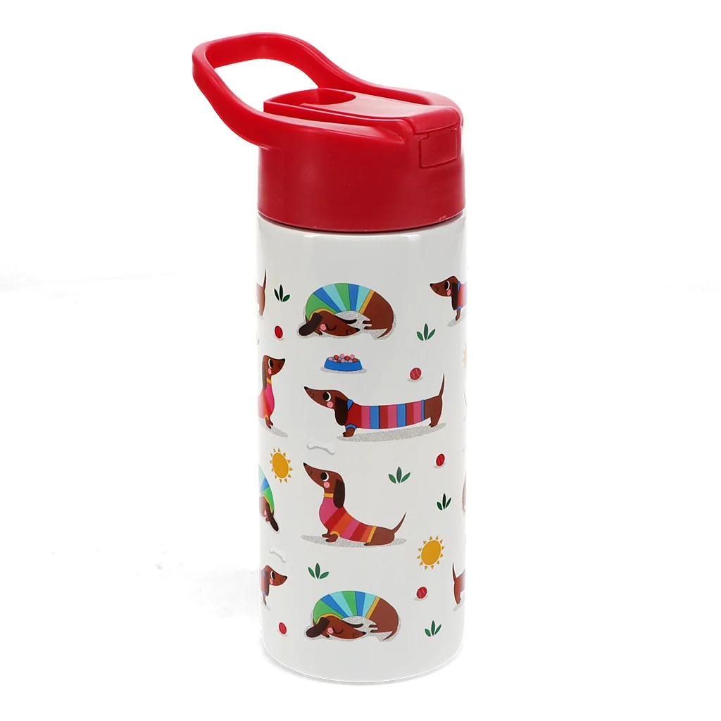 bouteille en inox avec couvercle à bouton poussoir 500ml - sunny sausage dog