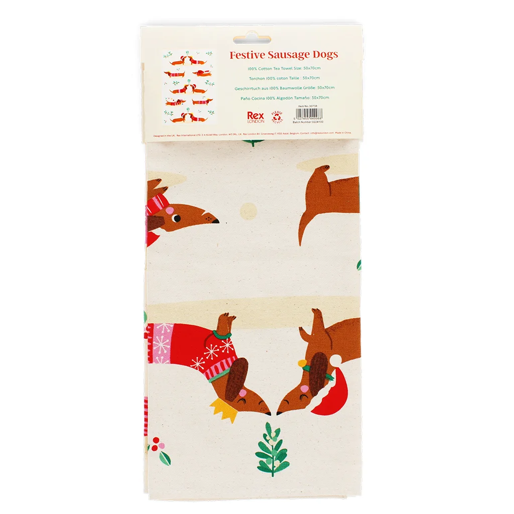 cotton tea towel - festive sausage dog