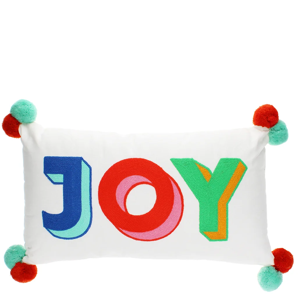 embroidered cushion with pom poms - joy