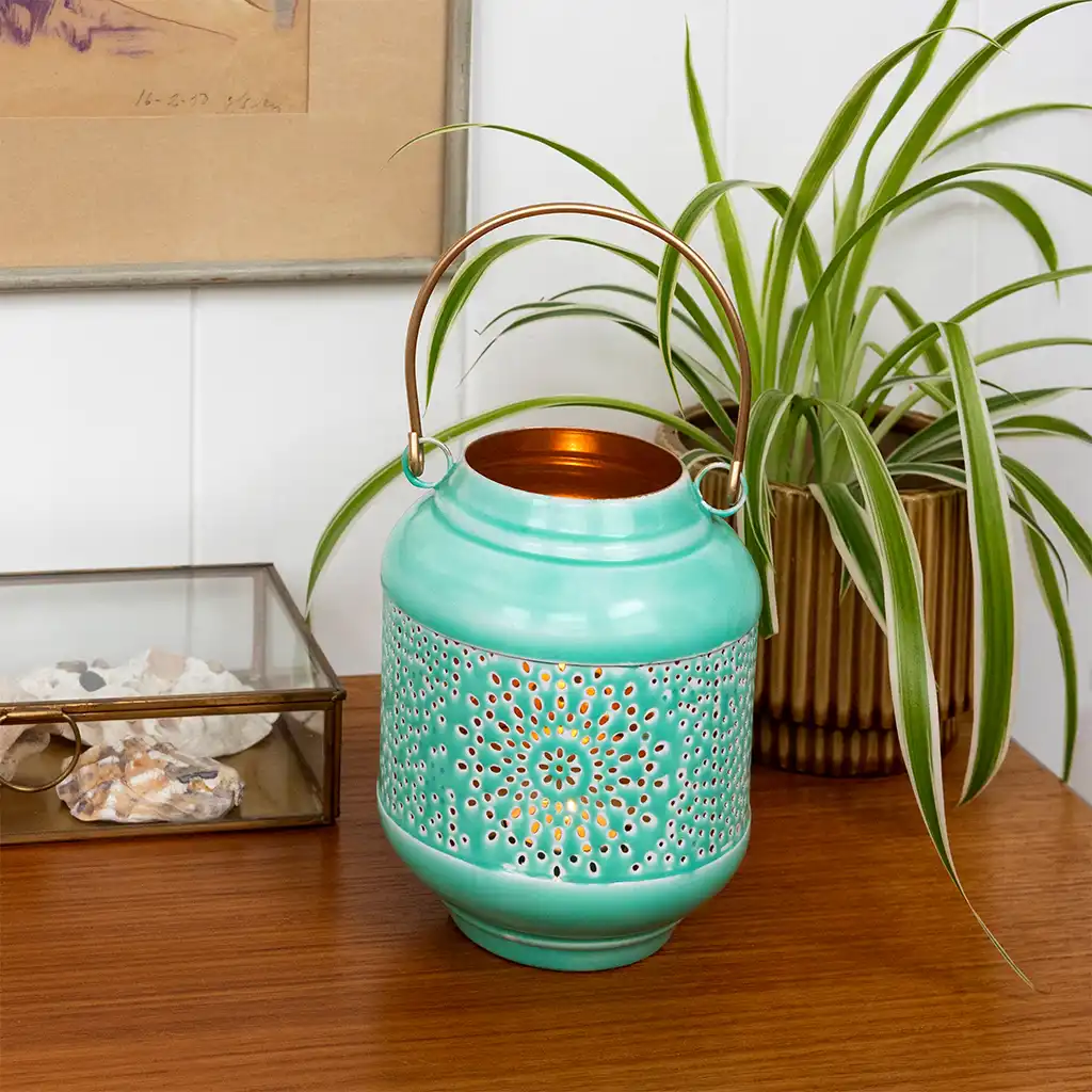 enamel tealight lantern - aqua