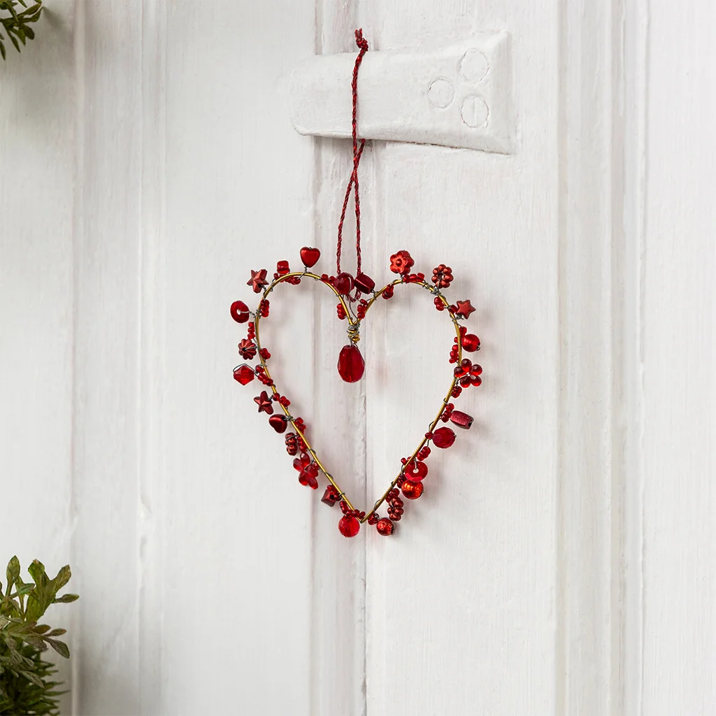 handmade beaded heart decoration (7x7cm) - red