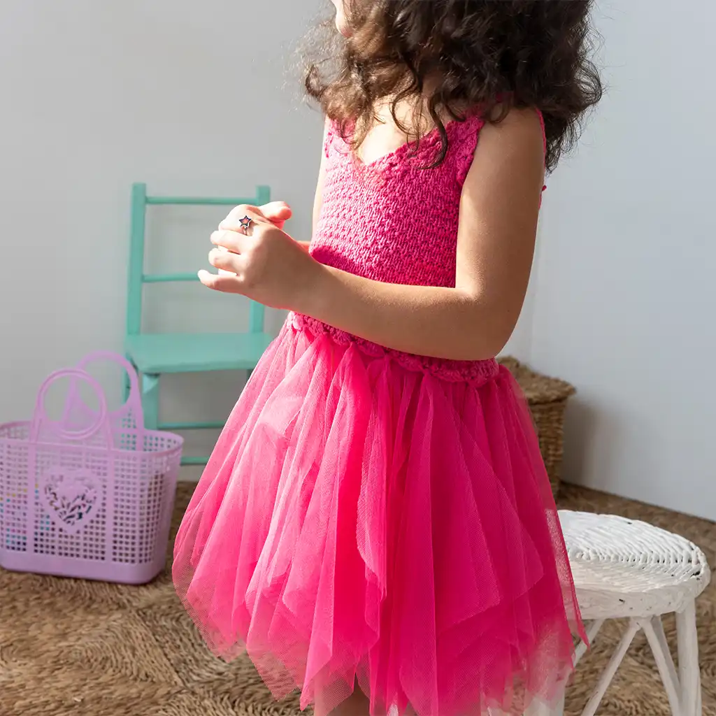 crochet dress (5-6 years) - bright pink