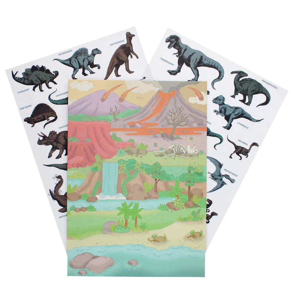 tarjeta con escenas de dinosaurios y pegatinas reutilizables