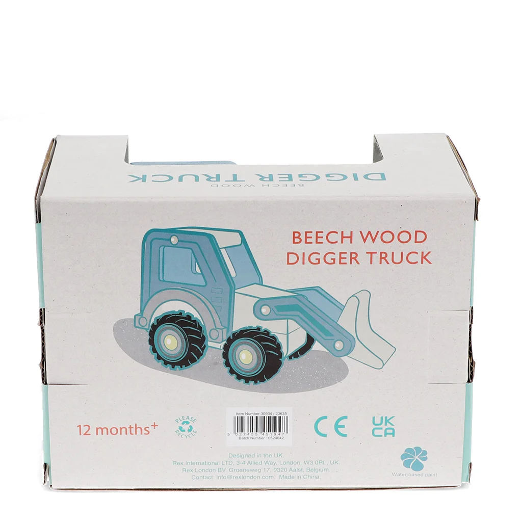 wooden push along vehicle toy - digger truck (blue)