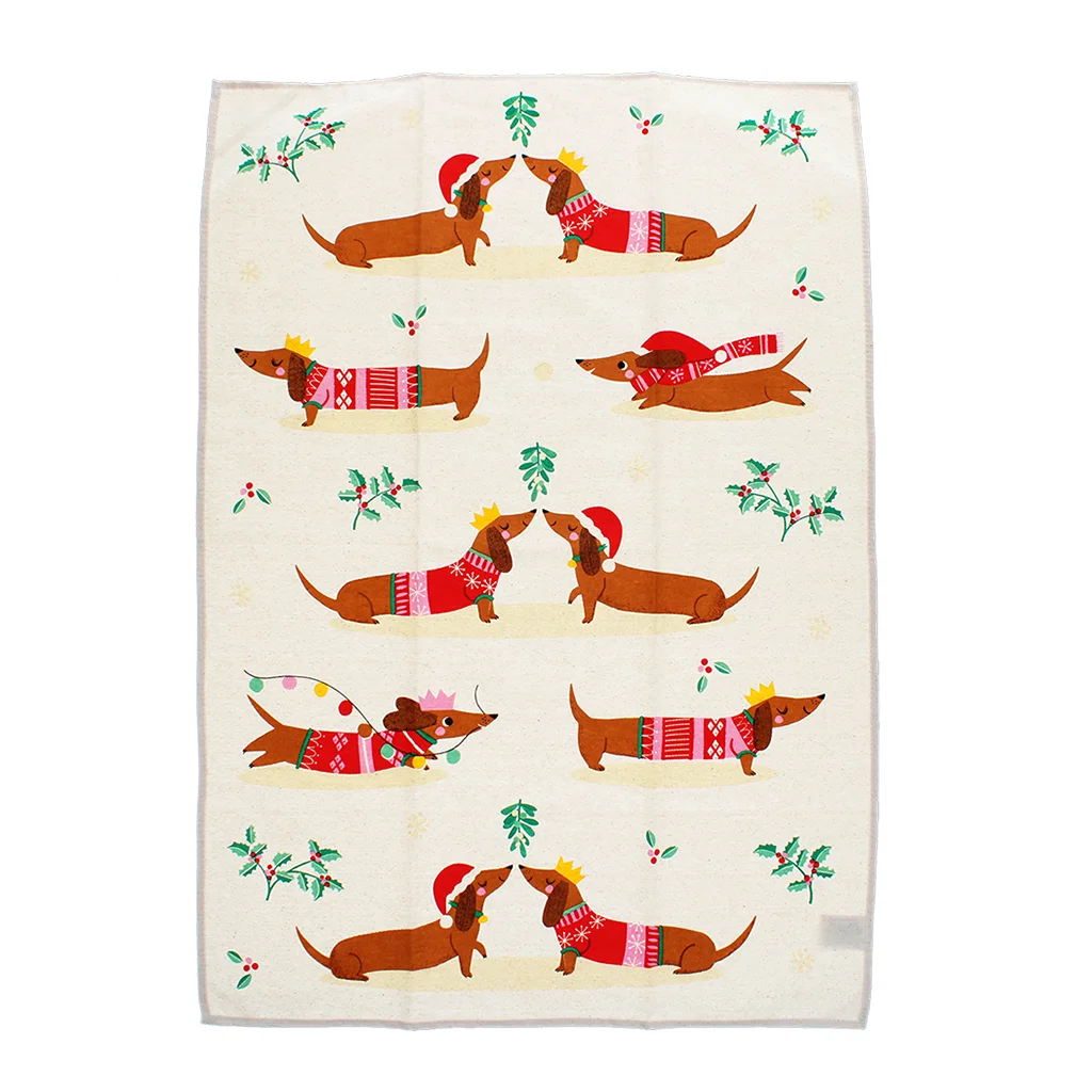 cotton tea towel - festive sausage dog