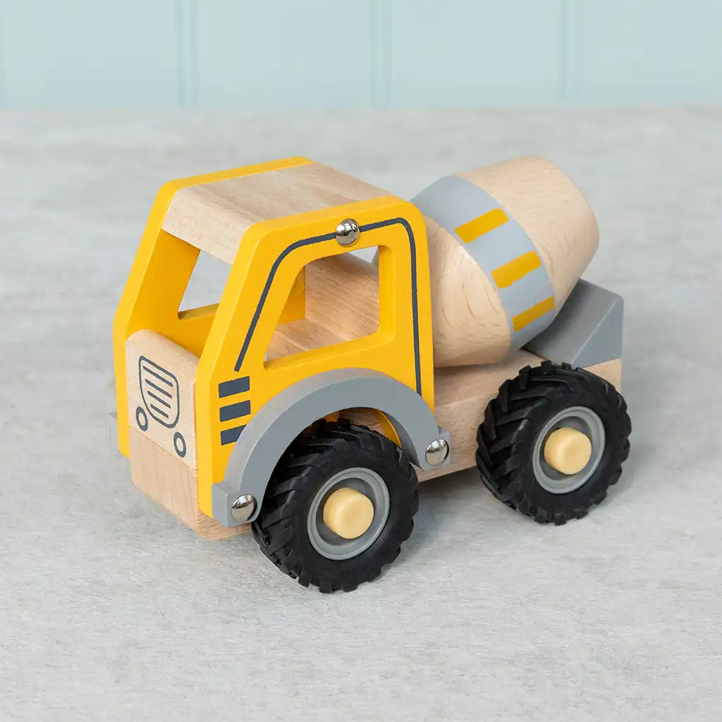 wooden push along vehicle toy - cement mixer (yellow)