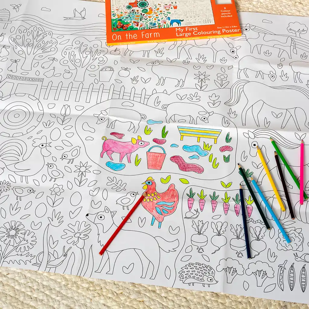 large colouring poster with pencils - on the farm