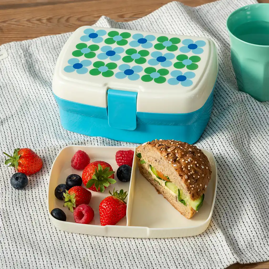 lunch box with tray - blue and green daisy