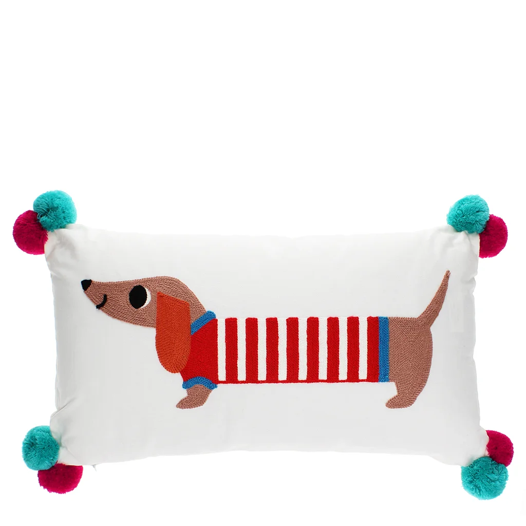 embroidered cushion with pom poms - sausage dog