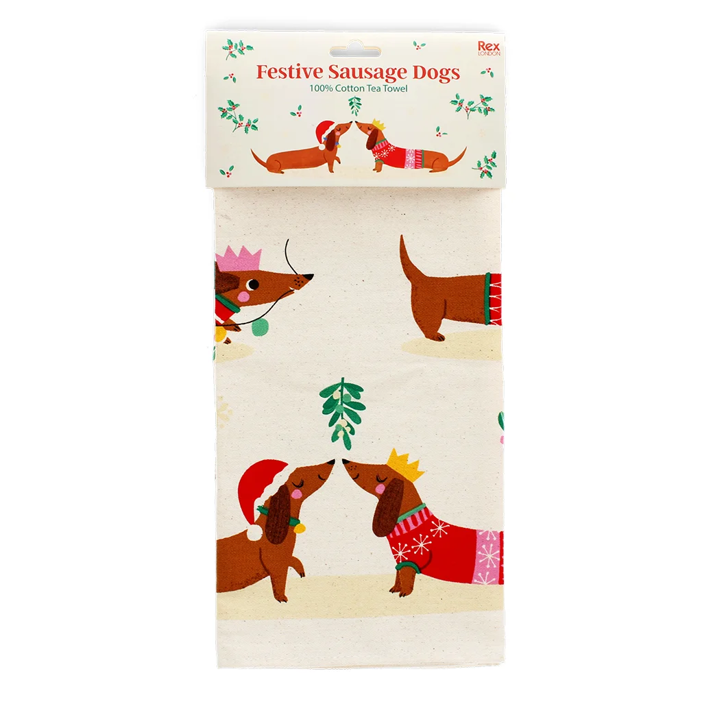 cotton tea towel - festive sausage dog