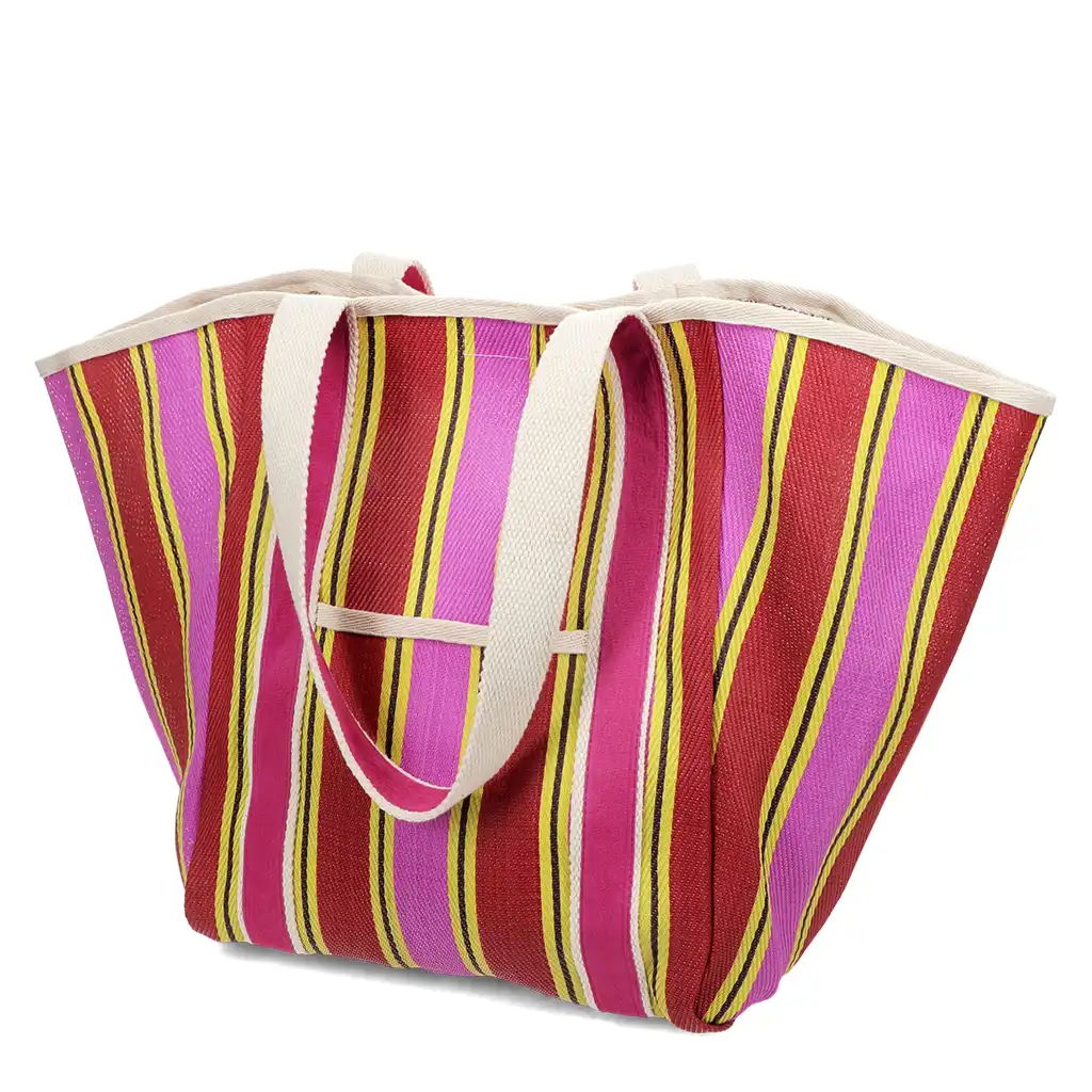 recycled woven tote bag with canvas handles - yellow, pink, red