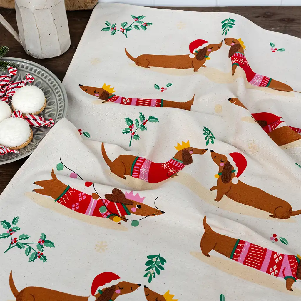 cotton tea towel - festive sausage dog