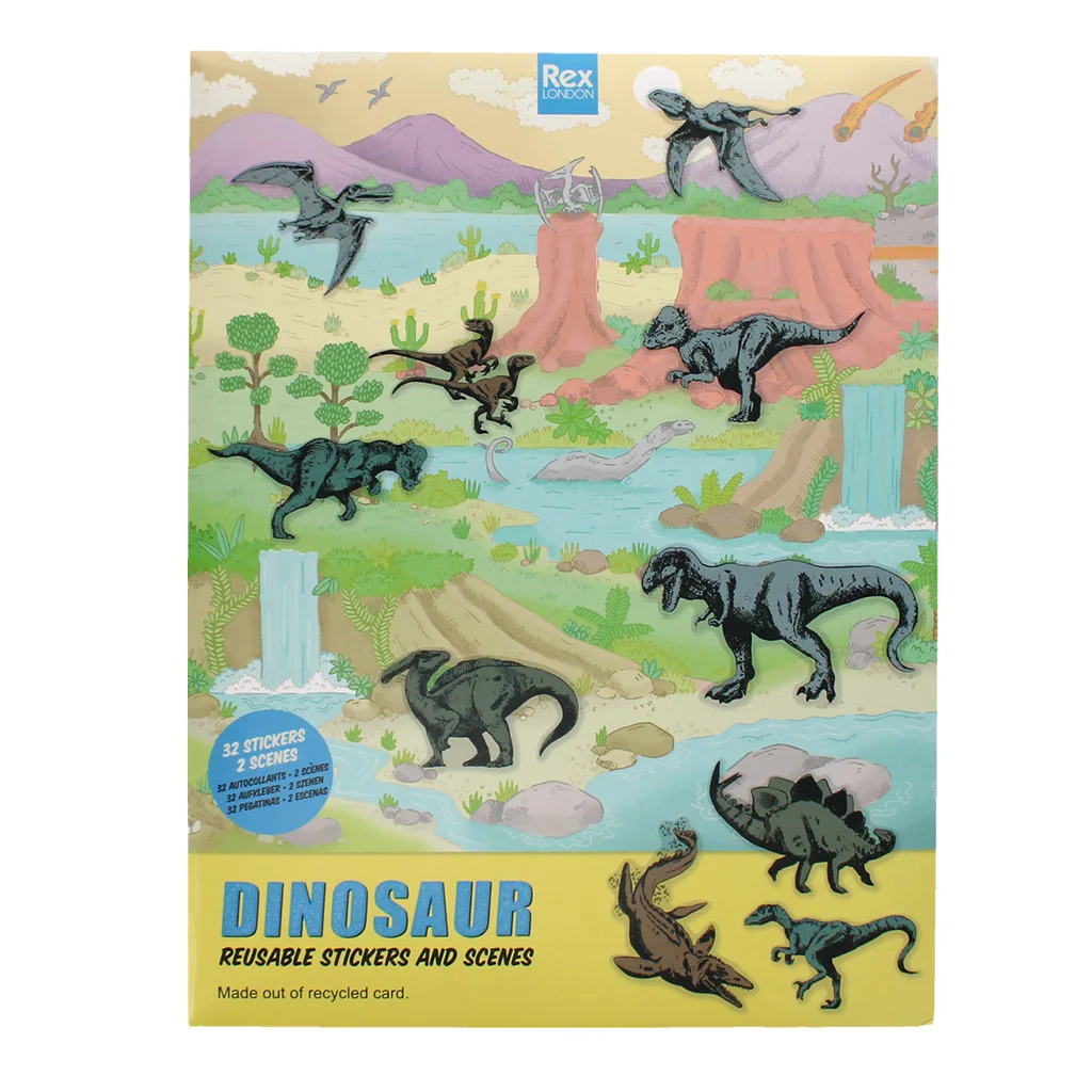 tarjeta con escenas de dinosaurios y pegatinas reutilizables