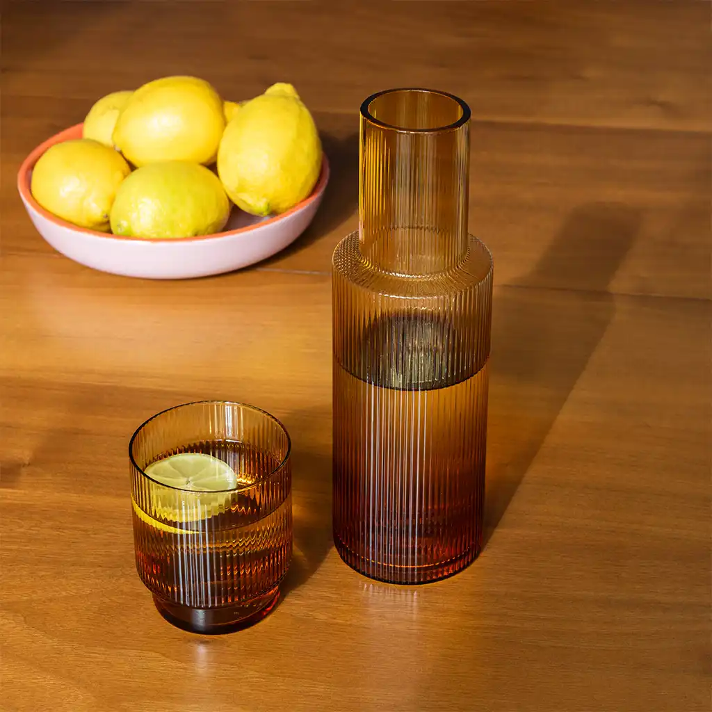 retro ribbed glass tumbler 325ml - amber