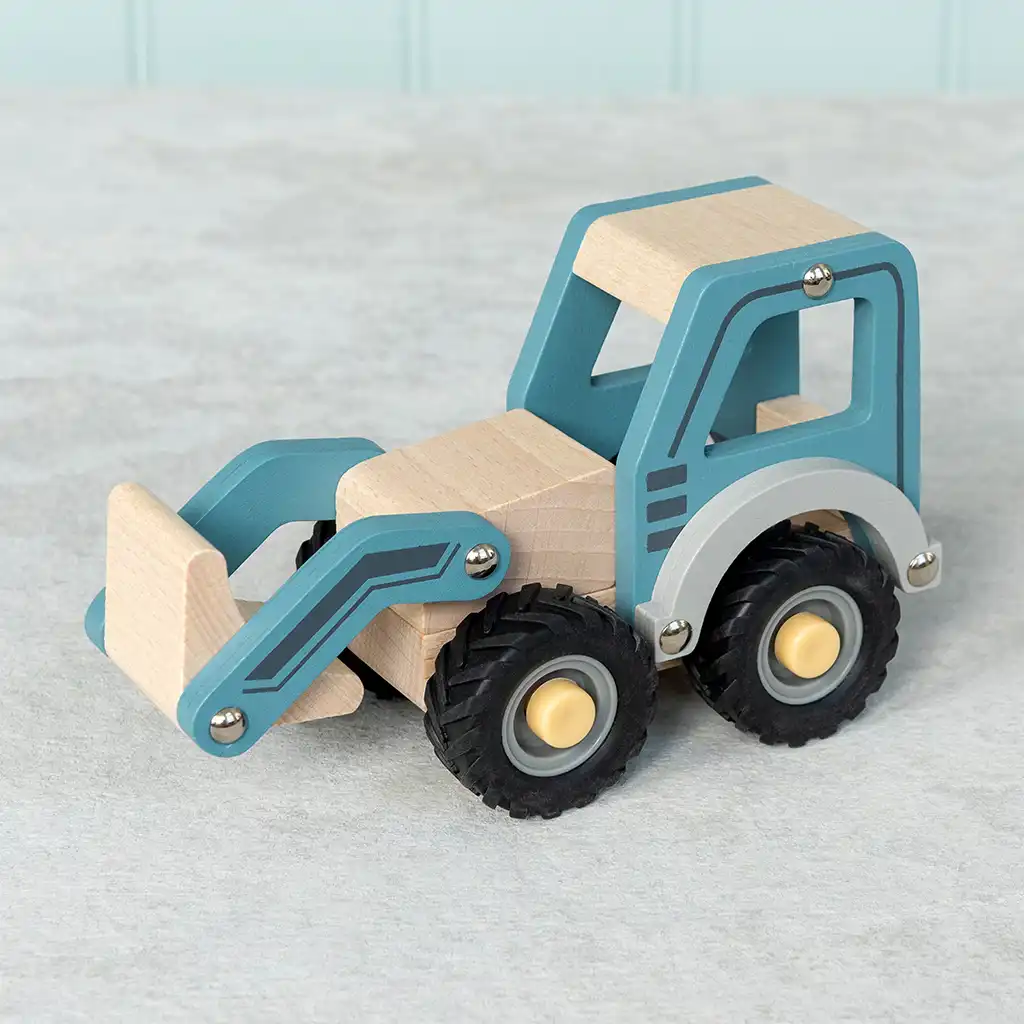 wooden push along vehicle toy - digger truck (blue)