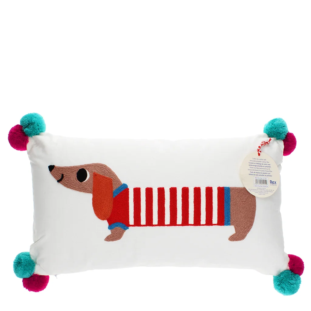 embroidered cushion with pom poms - sausage dog