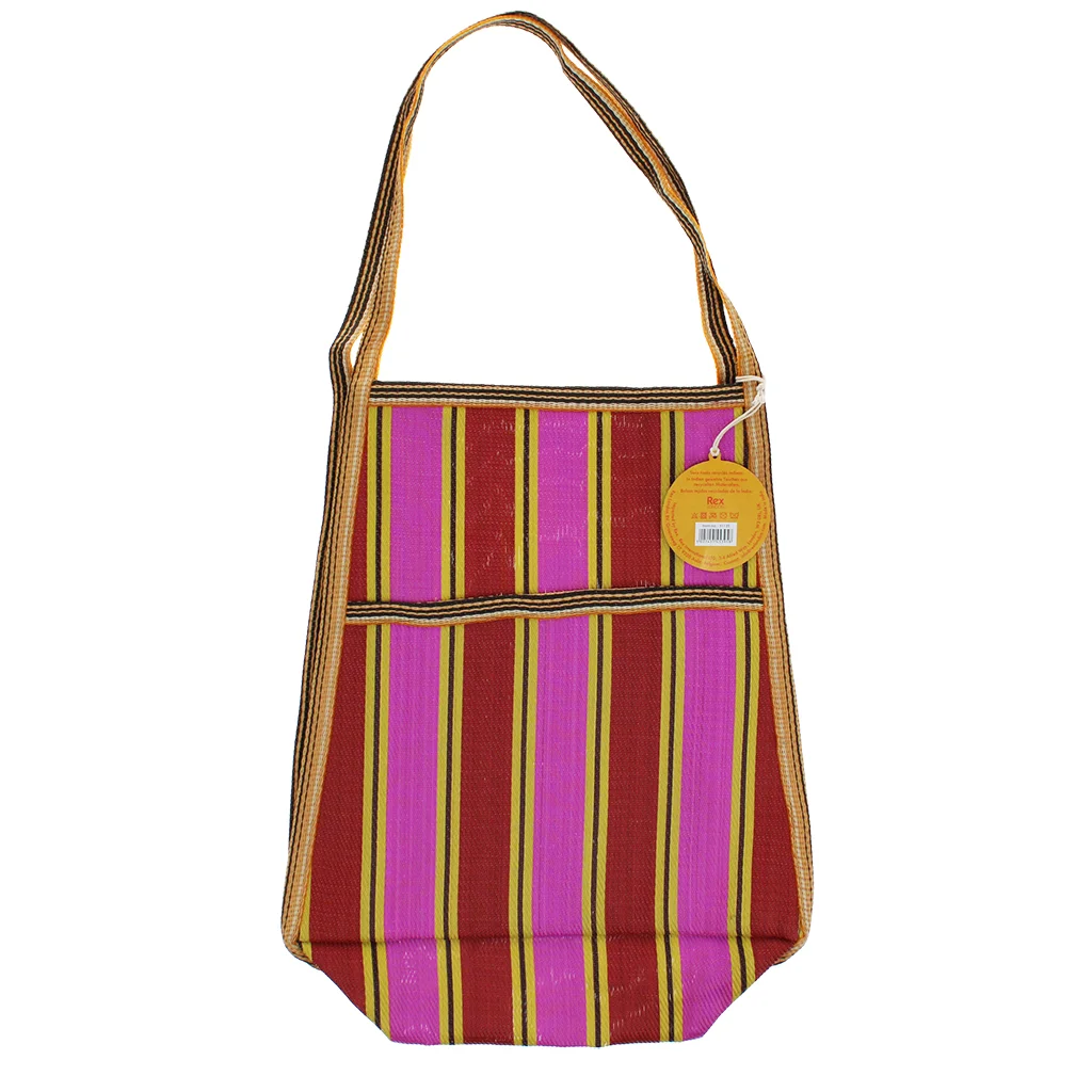 recycled woven bag with side pocket - yellow, pink, red