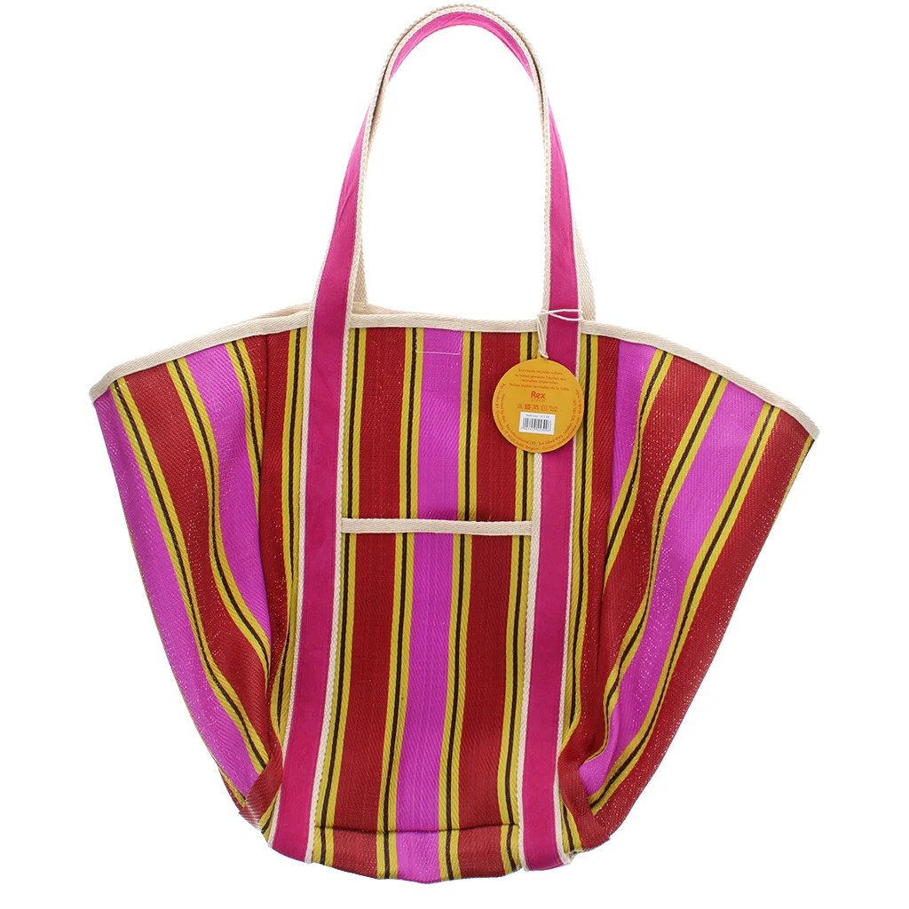 recycled woven tote bag with canvas handles - yellow, pink, red