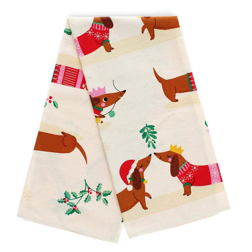 cotton tea towel - festive sausage dog