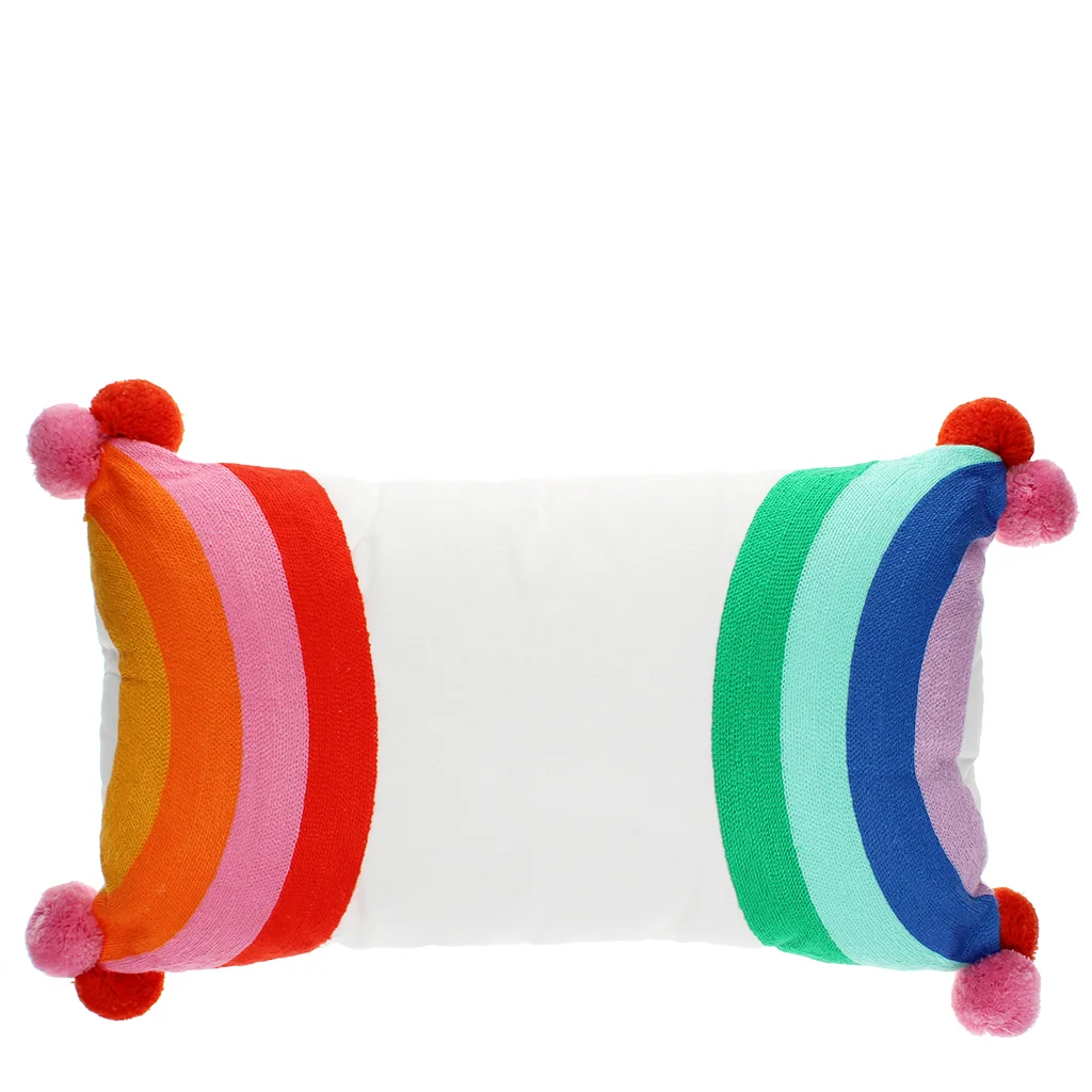 embroidered cushion with pom poms - rainbow