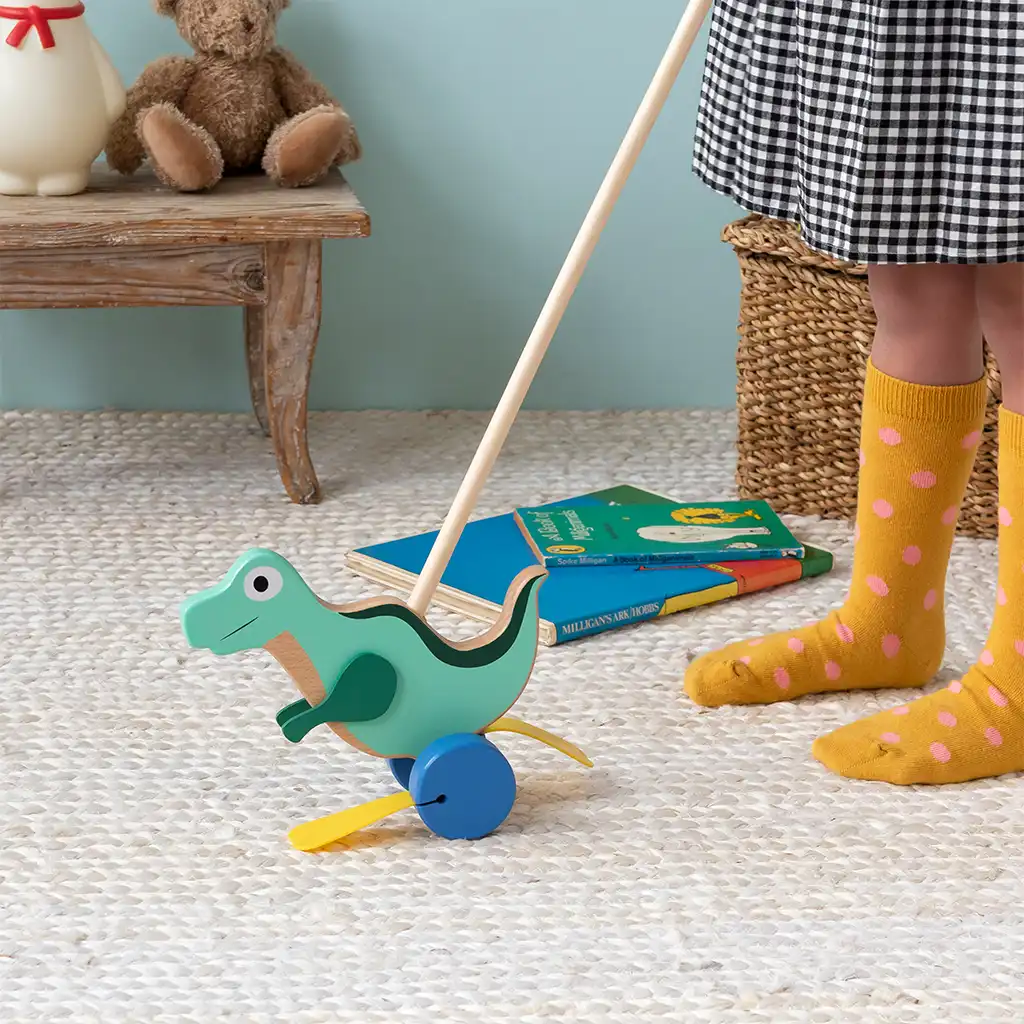 wooden push-along walker toy - flapping dinosaur