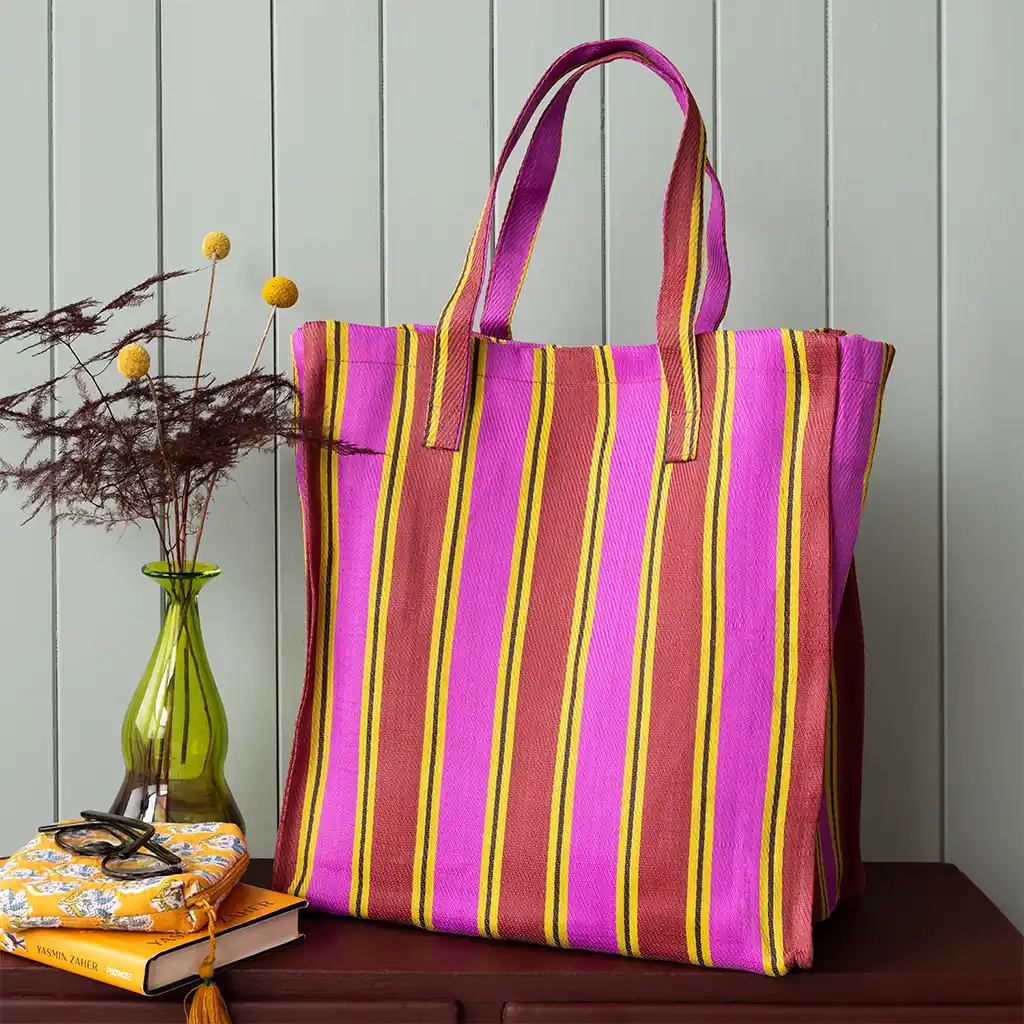 recycled woven shopping bag - yellow, pink, red