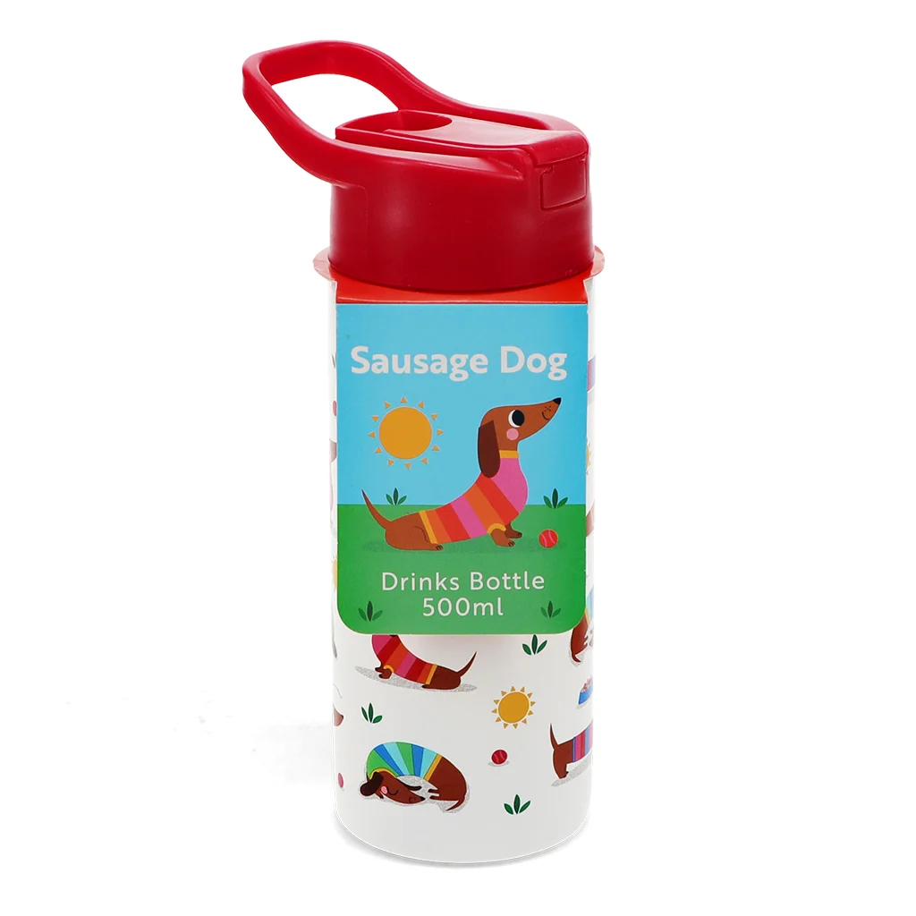 bouteille en inox avec couvercle à bouton poussoir 500ml - sunny sausage dog