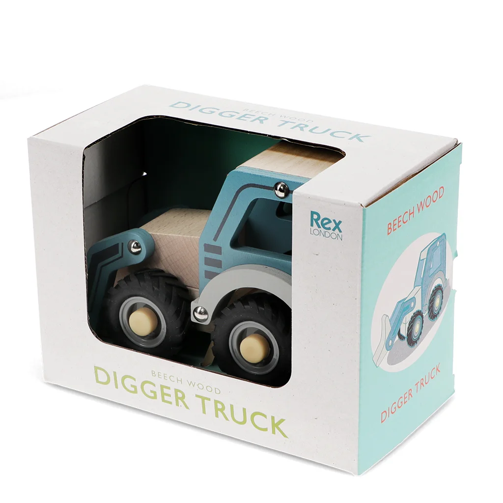 wooden push along vehicle toy - digger truck (blue)