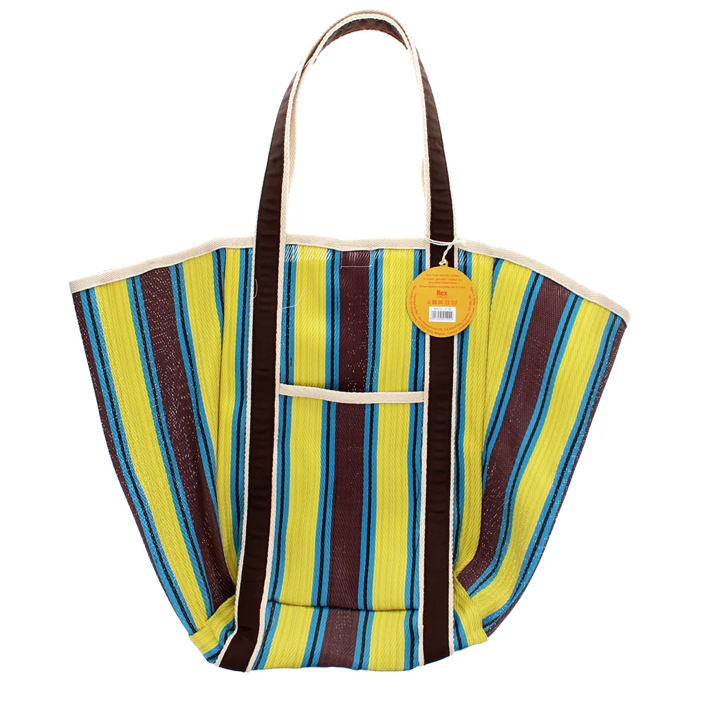 tote bag tissé recyclé avec poignées en toile - marron, jaune, sarcelle