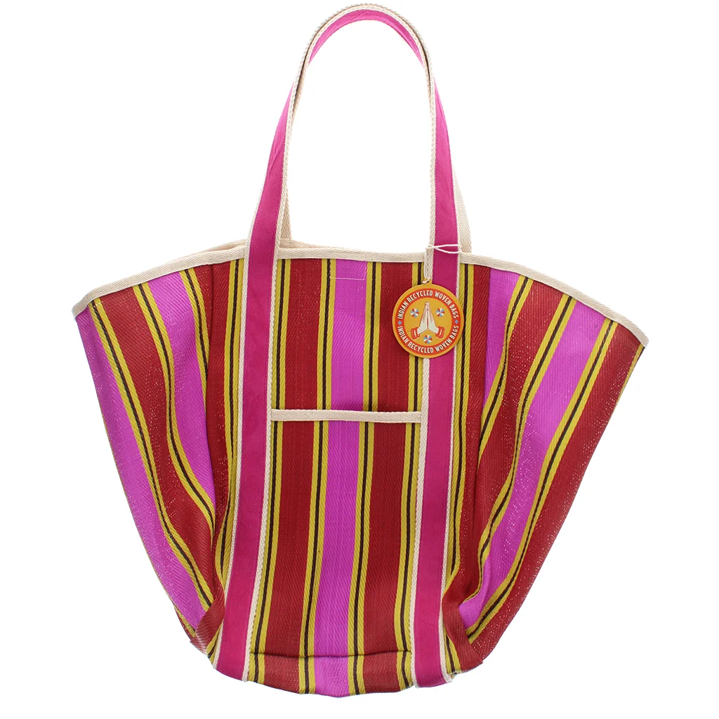 recycled woven tote bag with canvas handles - yellow, pink, red