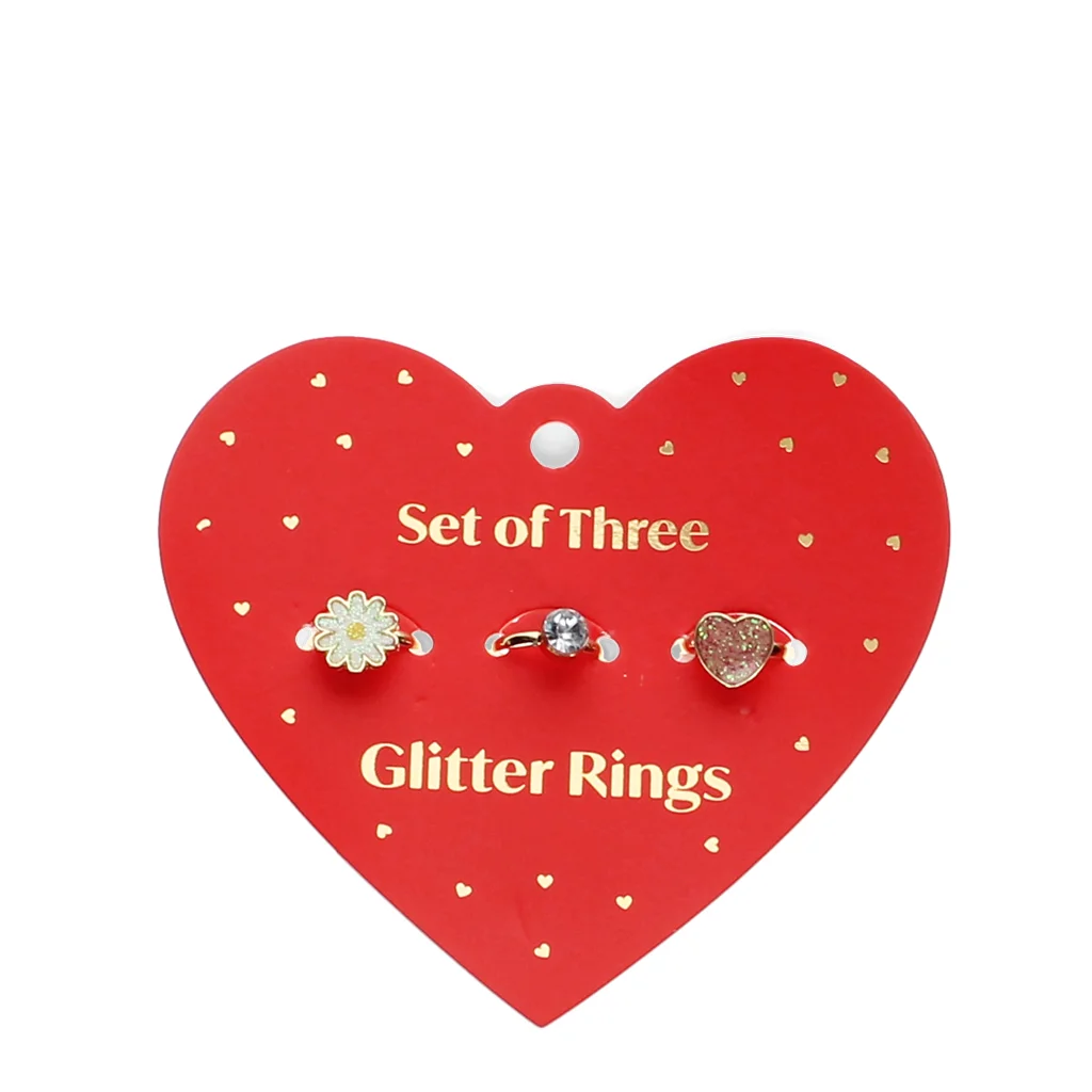 glitter rings (set of 3) - heart & flower