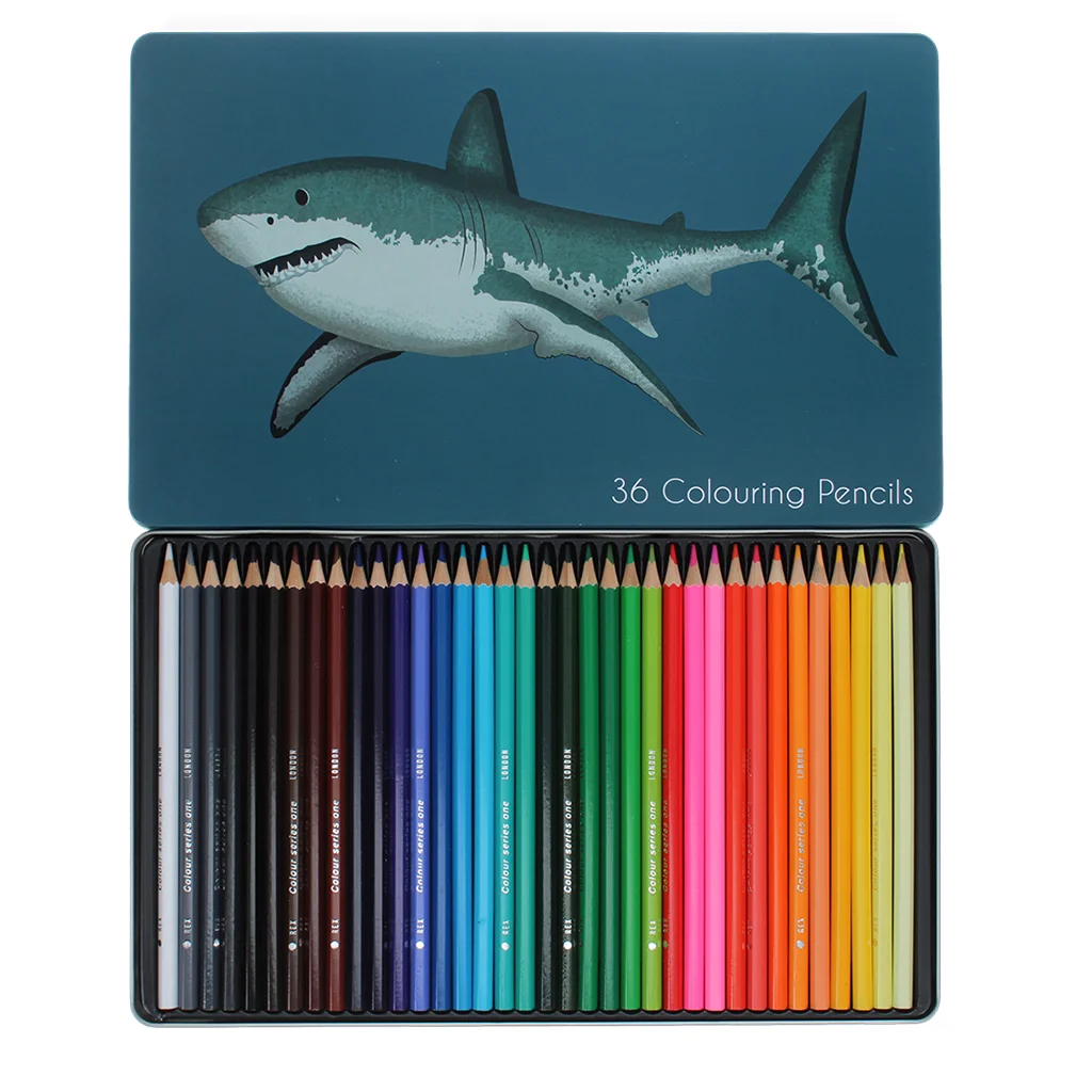 36 colouring pencils in a tin - sharks