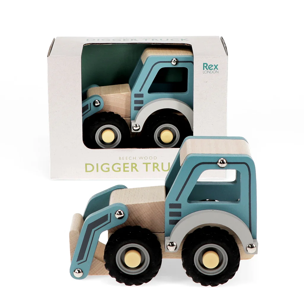 wooden push along vehicle toy - digger truck (blue)