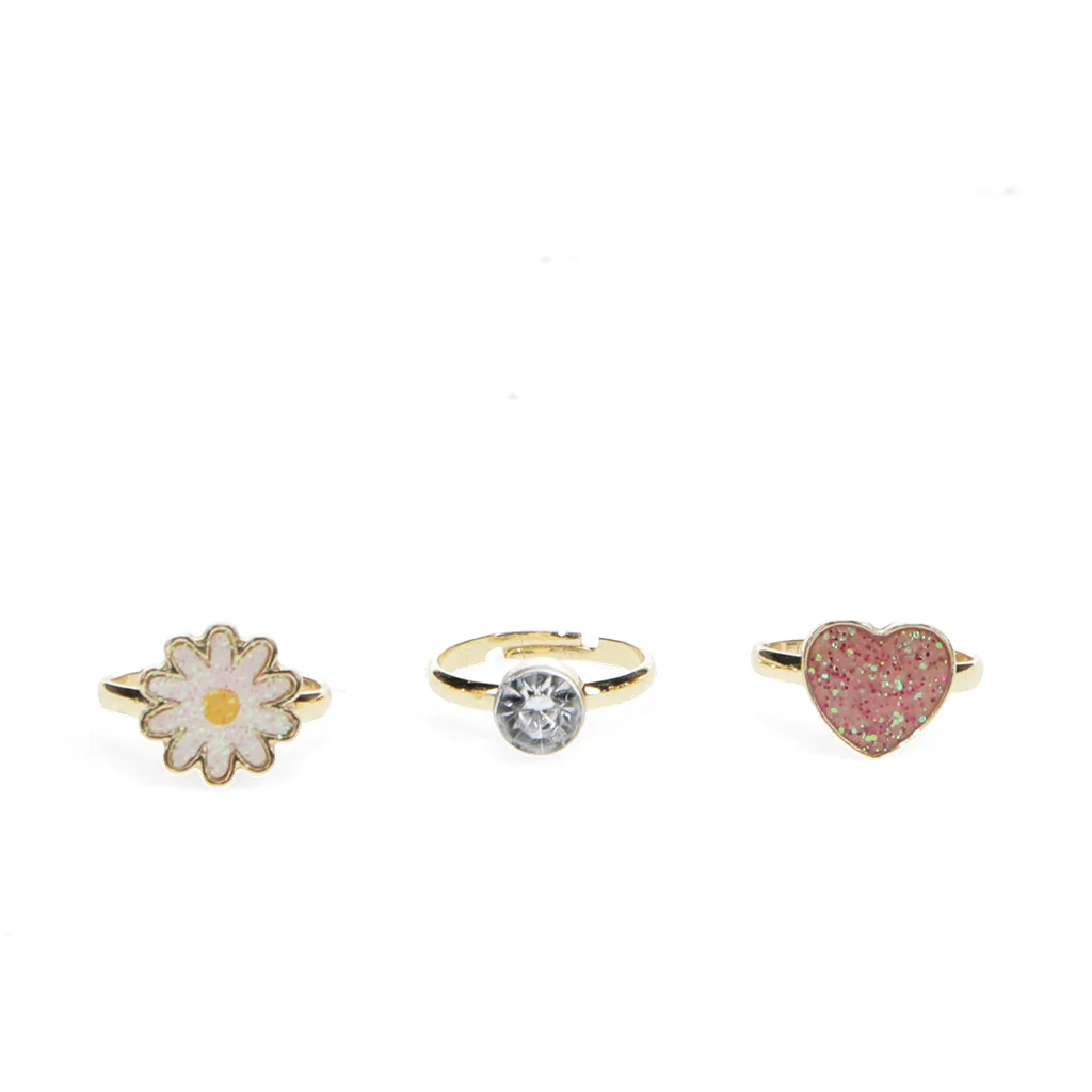 glitter rings (set of 3) - heart & flower