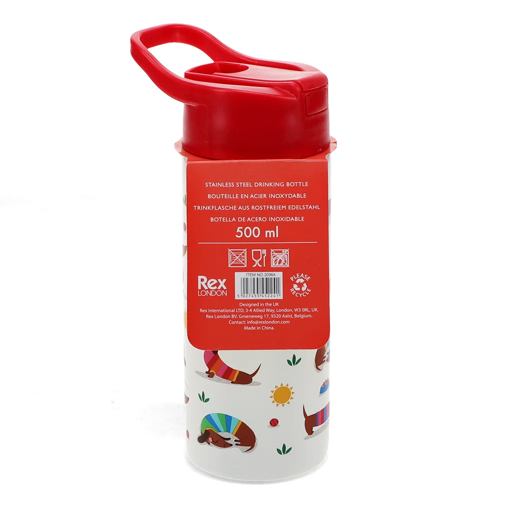 bouteille en inox avec couvercle à bouton poussoir 500ml - sunny sausage dog