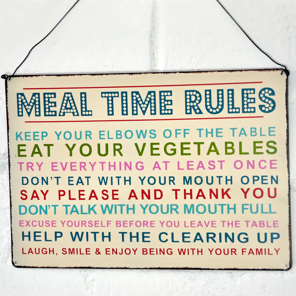 vintage-metallschild mealtime rules