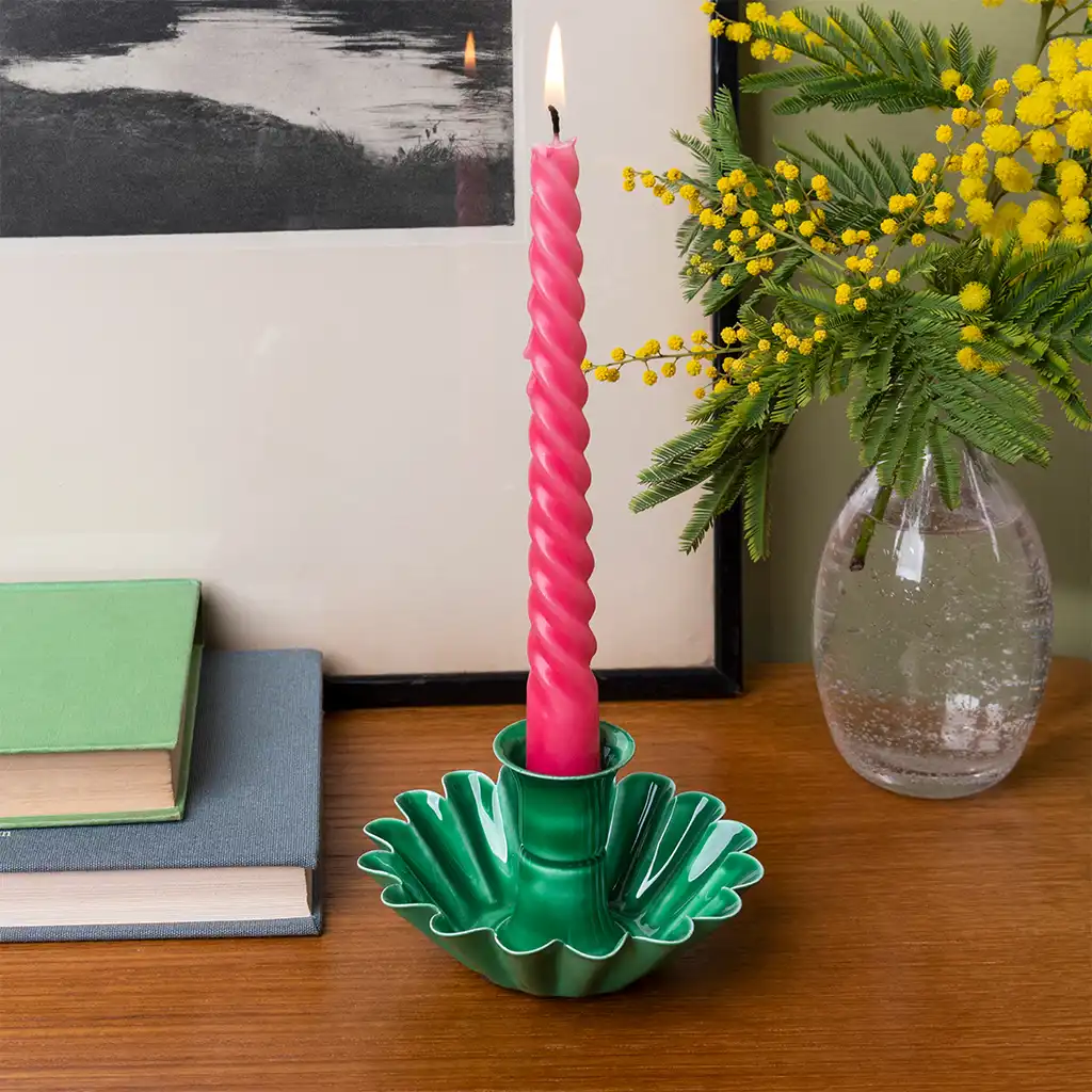 enamel cupped flower candle holder - dark green